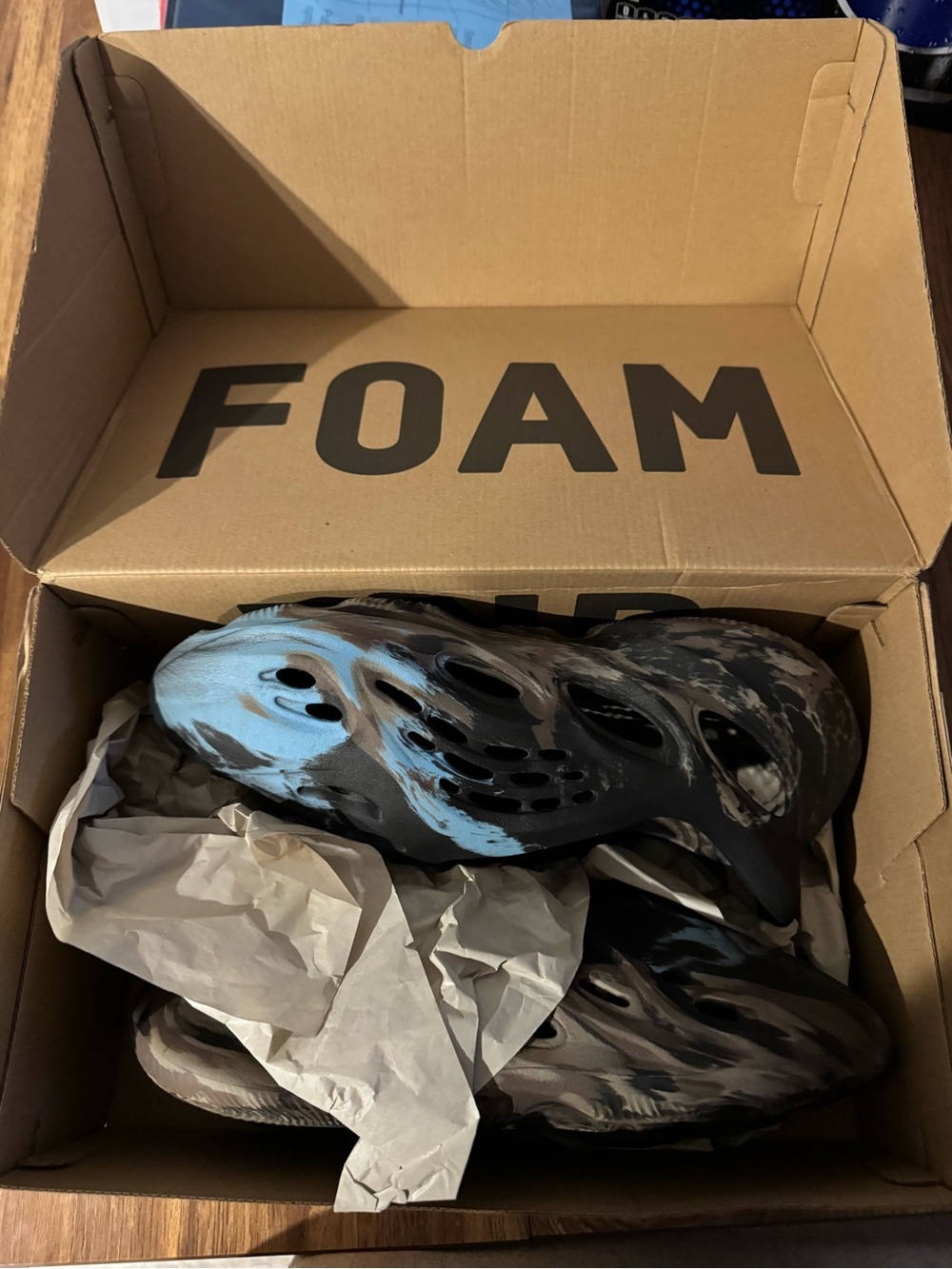 Yeezy Foam Rnr Shoes in Black and Light Blue